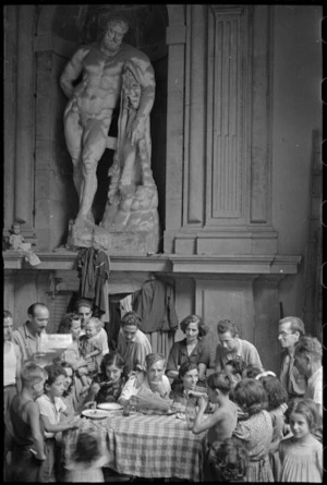 Italian refugees find refuge inside the Pitti Palace in southern Florence, Italy, World War II - Photograph taken by George Kaye
