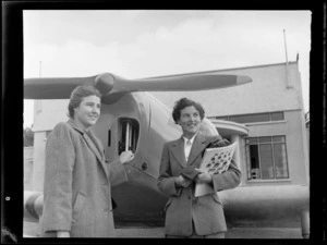 Mrs K Robinson, left, with Mrs Exton, at Auckland Aero Club, Mangere, Auckland