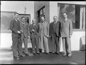 BOAC (British Overseas Airways Corporation) visit to New Zealand, (L to R) Mr Knollys, Mr Isitt, Mr Rudder, Mr Whitney-Straight, Mr Roberts and Mr Hood, location unidentified