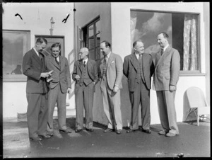 BOAC (British Overseas Airways Corporation) visit to New Zealand, (L to R) Mr Knollys, Mr Isitt, Mr Rudder, Mr Whitney-Straight, Mr Roberts and Mr Hood, location unidentified