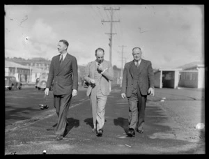 Group from British Overseas Airways Corporation, showing left to right; Lord Knollys, Willard Whitney Straight, and Mr Roberts, during their visit to New Zealand