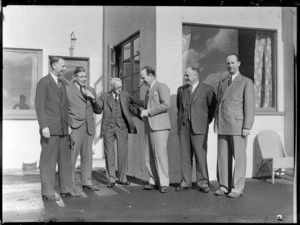 BOAC (British Overseas Airways Corporation) visit to New Zealand, (L to R) Mr Knollys, Mr Isitt, Mr Rudder, Mr Whitney-Straight, Mr Roberts and Mr Hood, location unidentified