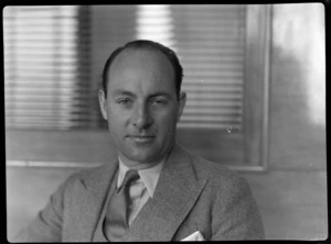 Portrait of Mr Whitney-Straight, during BOAC (British Overseas Airways Corporation) visit to New Zealand, location unidentified