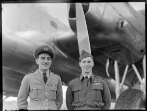 1st Officer Cochrane (left) and Squadron Leader Gainsford, during a BOAC (British Overseas Airways Corporation) visit to New Zealand, location unidentified