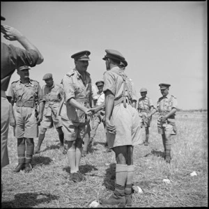 General Bernard Freyberg talking to Battalion Commander at inspection of the 3rd Greek Brigade at Taranto, Italy, World War II