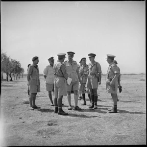 General Bernard Freyberg talking to Brigadier Tsakkcotos Thrasyboulo at inspection of 3rd Greek Brigade at Taranto, Italy, World War II