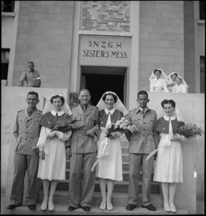 Wedding at 3 NZ General Hospital, Bari, Italy, between Captain S Walfenden and Sister Maysie R Newham, World War II - Photograph taken by M D Elias