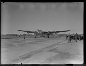 RAF (Royal Air Force) aircraft, Avro York C1 MW101, transportation for Lord Montgomery and his officials, taxiing along runway at Whenuapai Air Base, Auckland