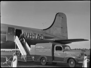Aircraft VH-TAD McDouall Stuart, including TEA (Tasman Empire Airways) catering van, Whenuapai Air Base, Auckland