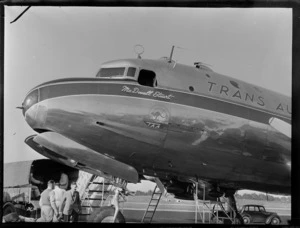 Side front view of aircraft VH-TAD McDouall Stuart, at Whenuapai Air Base, Auckland