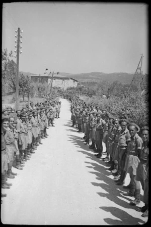 New Zealanders lined up on Winston Churchill's route during his visit to NZ troops on 8th Army Front before battle for Florence, Italy, World War II