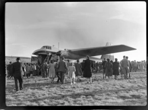 Bristol Freighter Tour, view of Bristol Freighter transport plane 'Merchant Venturer' G-AIMC being inspected by a crowd at Harewood Airport on Christchurch Aero Club Field Day, Christchurch City