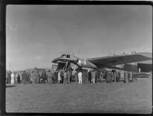 Bristol Freighter Tour, view of a crowd of people inspecting the Bristol Freighter transport plane 'Merchant Venturer' G-AIMC, Harewood Airport, Christchurch City