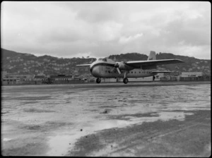 Bristol Freighter transport aeroplane 'Merchant Venturer' G-AIMC, landing at Rongotai Airport, Wellington