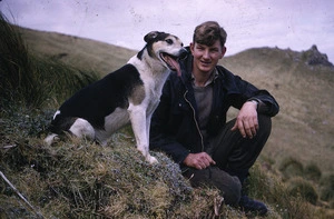 Mechanic, Bill Hare and his dog, Hans, Campbell Island
