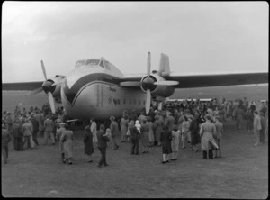 Bristol Freighter transport aeroplane 'Merchant Venturer' tour, showing crowds at New Plymouth Airport, Bell Block, New Plymouth, Taranaki Region