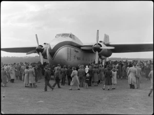 Bristol Freighter transport aeroplane 'Merchant Venturer' tour, showing crowds at New Plymouth Airport, Taranaki Region