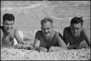 World War II New Zealand soldiers sunbathing on the beach near Ancona, Italy, World War II - Photograph taken by George Kaye