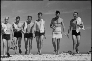 Group of World War II New Zealand medical officers returning from a swim in the Adriatic Sea near Ancona, Italy, World War II - Photograph taken by George Kaye