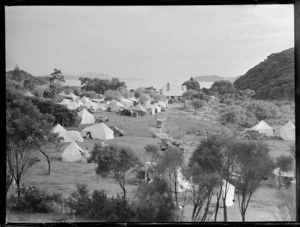 Paihia, includes tents, camp sites, cars, manuka, bush, housing and beach