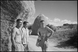 Three New Zealanders from Rest Camp view countryside on their way for a swim near Ancona, Italy, World War II - Photograph taken by George Kaye
