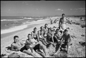 Group of New Zealand soldiers from 27 NZ Battalion HQ on beach near Ancona, Italy, World War II - Photograph taken by George Kaye