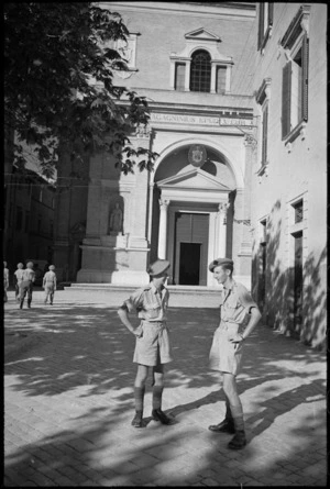 S S Hudson and J T Oran outside a church in Jesi, Italy, World War II - Photograph taken by George Kaye