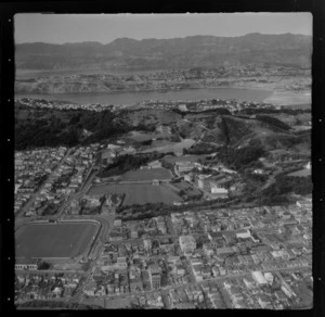 View east over the Wellington City suburb of Mount Cook with the Basin Reserve in foreground, Wellington College and Wellington East Girls College, the Mount Victoria tunnel to Hataitai and Evans Bay with the Miramar Peninsula beyond