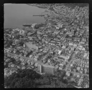 View over Wellington City and the suburbs of Te Aro to Mount Victoria, with The Terrace and Ghuznee Street in the foreground to Lambton Harbour with Clyde Quay Wharf and Chaffer's Marina beyond
