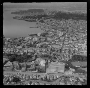 View over Wellington City and the suburbs of Kelburn with Victoria University in the foreground to Te Aro and Mount Victoria, to Lambton Harbour with Clyde Quay Wharf and Oriental Bay beyond