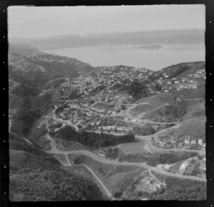 View east to the Wellington City suburb of Wadestown Hill with Churchill Drive in foreground to Ngaio Gorge and Wellington Harbour with Matui (Somes) Island