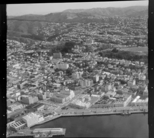 View over the Wellington City waterfront with Chaffers Wharf and Jervois Quay to the Terrace and the suburb of Kelburn with Victoria University