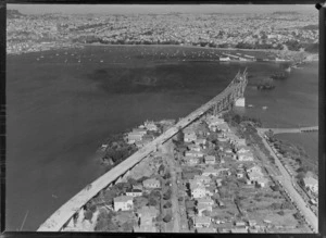 Construction of the Auckland Harbour bridge, Northcote, Auckland, including Westhaven Marina