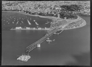 Construction of the Auckland Harbour bridge, including Westhaven Marina and Auckland City