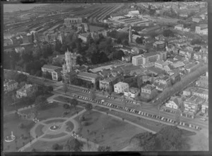Auckland University, Princes Street, Auckland, including Albert Park and railways in the distance
