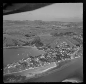 View of Golden Gate Peninsula settlement and the suburb of Paremata with farmland beyond, Pauatahanui Inlet, Porirua District, Wellington Region