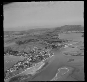 View of the suburb of Paremata with Golden Gate Peninsula settlement, Pauatahanui Inlet and Paremata Bridge to Porirua and Tawa Flat beyond, Wellington Region