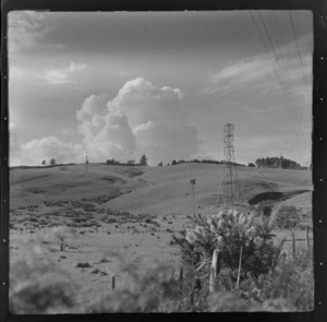 Rangiriri rural, view of farmland hills with electric power pylons, Waikato Region