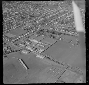 The town of Hawera with rugby grounds and King Edward Park, Camberwell Road with Hawera High School and Bayly Park, South Taranaki Region