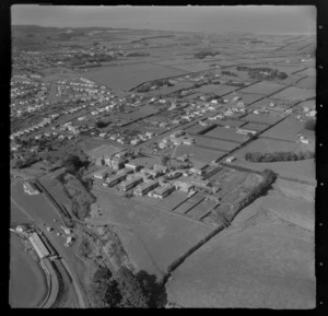 The town of Hawera with cricket grounds/A & P Showground in foreground and Hawera Hospital, South Taranaki Region