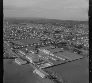 The town of Hawera with Hawera High School and Bayly Park, looking to the Water Tower beyond, South Taranaki Region