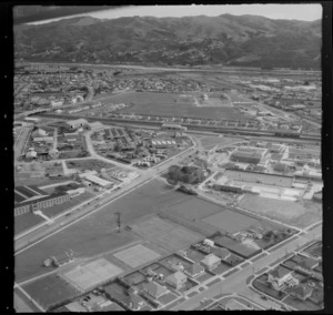 The suburb of Naenae with Walter Mildenhall Park and Naenae Olympic Pool, Naenae Railway Station with Naenae College beyond, Lower Hutt, Wellington Region
