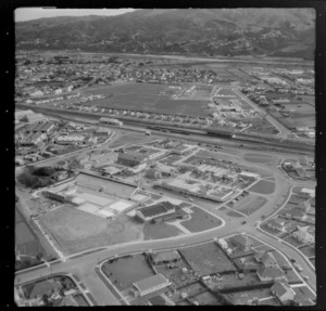 The suburb of Naenae with Naenae Olympic Pool, Cambridge Terrace, Naenae Railway Station and Naenae College beyond, Lower Hutt Valley, Wellington Region