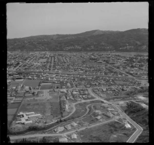 The suburb of Fairfield with Parnell Street in foreground, looking to Epuni Primary School and Railway Station to Hutt Hospital beyond, Lower Hutt Valley, Wellington Region