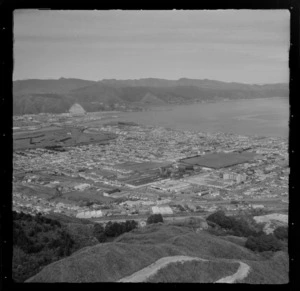 View over the Lower Hutt Valley suburb of Petone with the Petone Recreational Ground, Shandon Golf Club links, Petone Beach and Wellington Harbour
