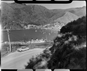 Passenger ship berthed at Picton wharf, with yachts in the background, Picton, Marlborough region