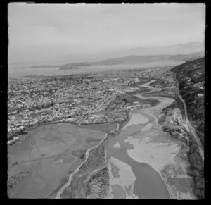 View south over Lower Hutt City with the Hutt River and Boulcott Golf links in foreground to the Western Hutt Road, Melling Bridge and Petone, with Wellington Harbour beyond