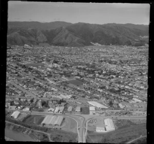 Lower Hutt City with Melling Bridge, Rutherford Street and High Street in the foreground to the suburbs of (L to R) Waterloo and Woburn beyond, Wellington Region
