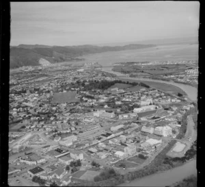 View south over High Street, Lower Hutt City CBD, with the Hutt River, Hutt Recreational Ground and Hutt Valley High School to Wellington Harbour beyond