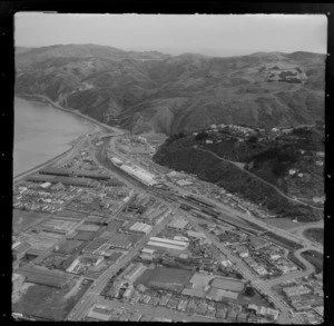 View over the industrial area of the Lower Hutt Valley suburb of Petone with Railway Station and Primary School, Jackson Street and the Hutt Road, Wellington Harbour beyond